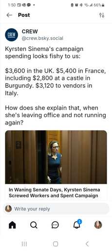 A post from @crew.bsky.social showing a number of possibly fraudulent expenditures from the Sinema campaign, many made overseas.